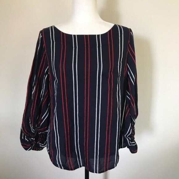 CABI Freedom Stripe Flag Blouse Size Medium Navy, Red, White Balloon Sleeves - Picture 2 of 9